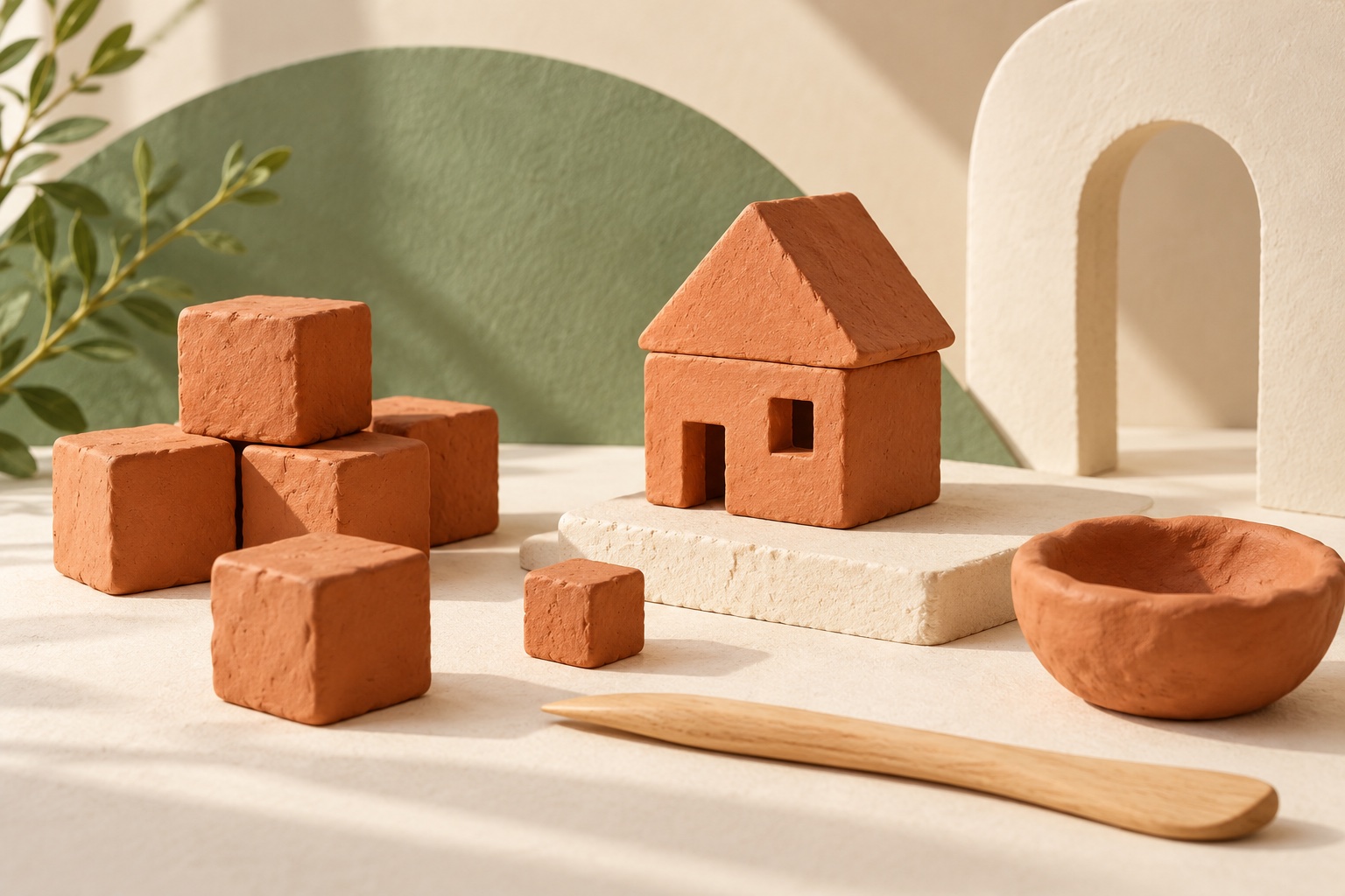 Erfundene symbolische Illustration mit terrakottafarbenen Lehmwürfeln, kleinem Hausmodell, Schale und Holzwerkzeug auf hellem Tisch.