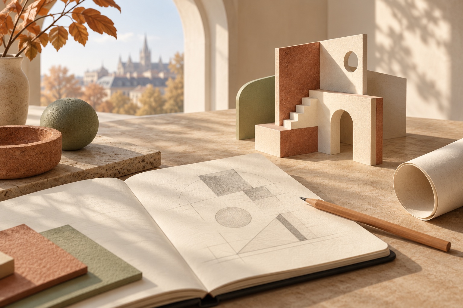Symbolisches Stillleben mit Skizzenbuch, Bleistift und einem erfundenen Architekturmodell vor einem imaginären Fenster.