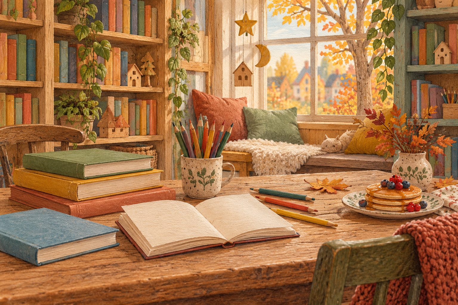Symbolische Papierillustration eines erfundenen Lesetischs mit Büchern, Buntstiften und Palatschinken in einer imaginären Buchhandlung.