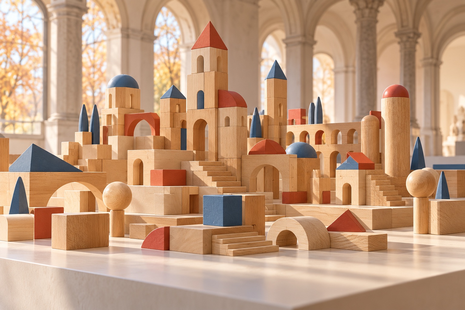 Symbolische Illustration einer erfundenen Stadt aus Holzbausteinen auf einem Tisch in einem imaginären Museumsraum.