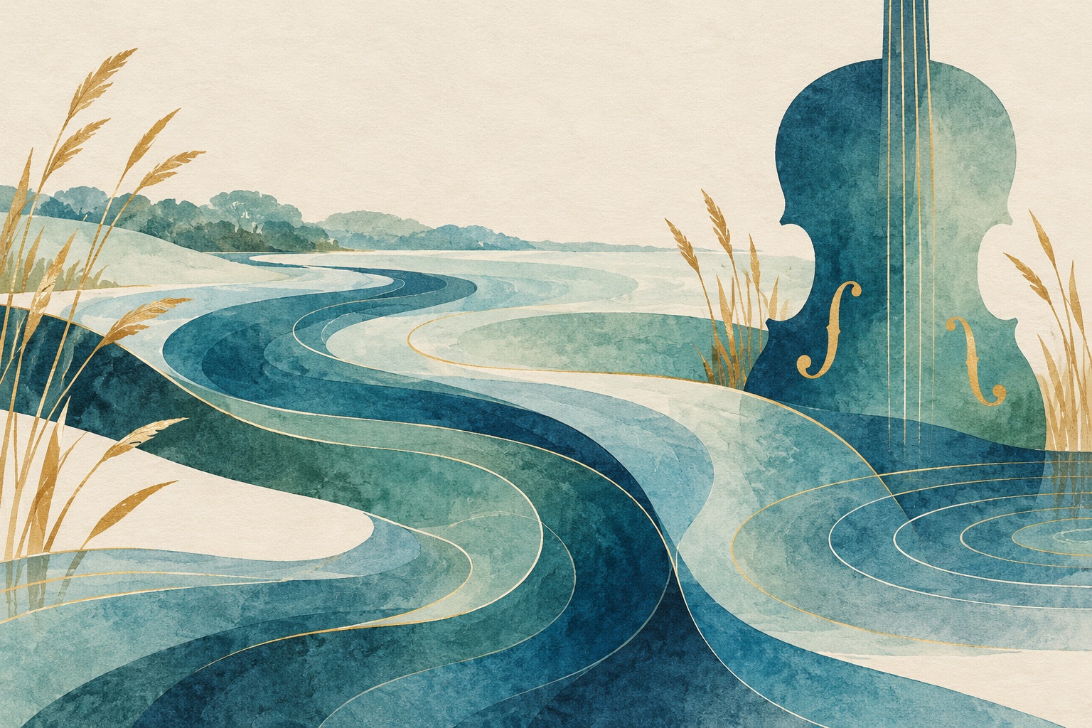 Symbolische Papierillustration mit blaugrünen Flussbändern, goldfarbenem Schilf und erfundener Geigensilhouette; keine tatsächliche Wien-Modern-Inszenierung.