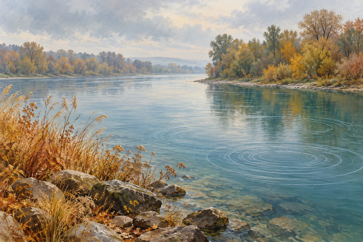 Symbolische Illustration eines erfundenen herbstlichen Flussufers mit abstrakten Klangringen auf dem Wasser.
