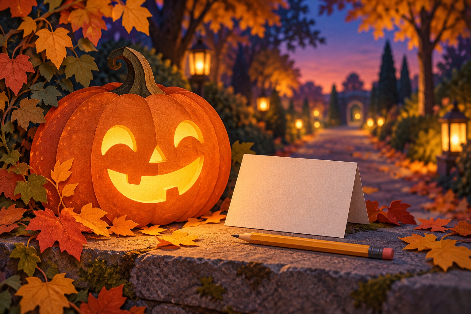 Symbolische Papierillustration eines freundlichen Kürbislichts mit leerer Rätselkarte und Bleistift vor einem erfundenen Herbstweg.