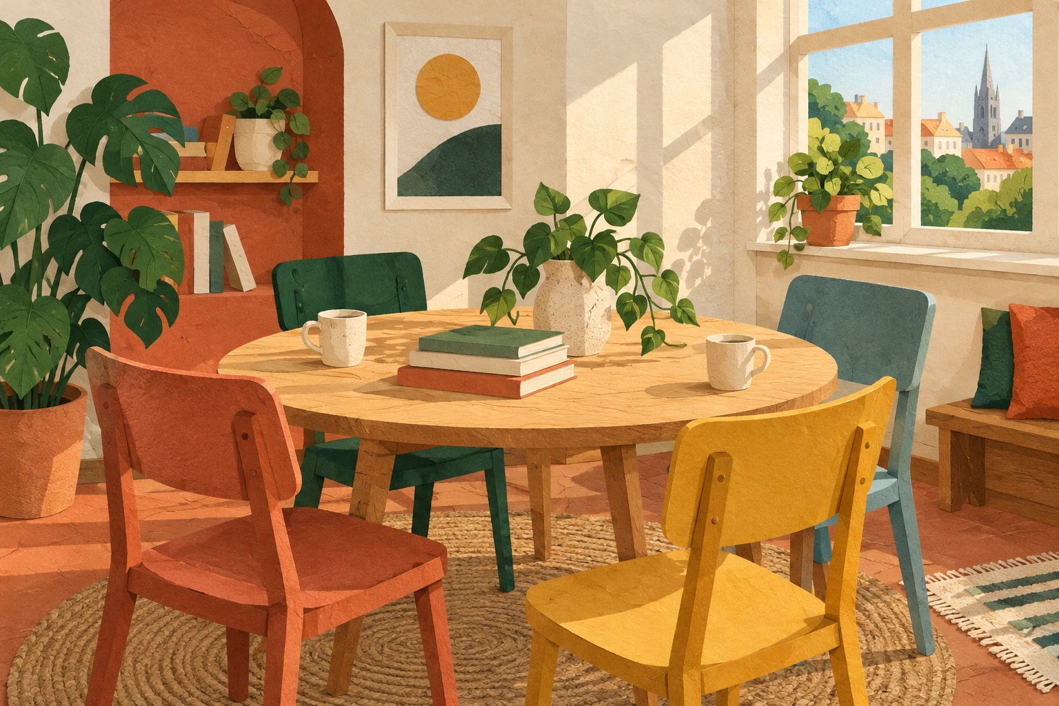 Erfundene Papierillustration eines gemeinschaftlichen Tischs mit vier bunten Stühlen, Büchern, zwei Tassen und Pflanzen am Fenster.