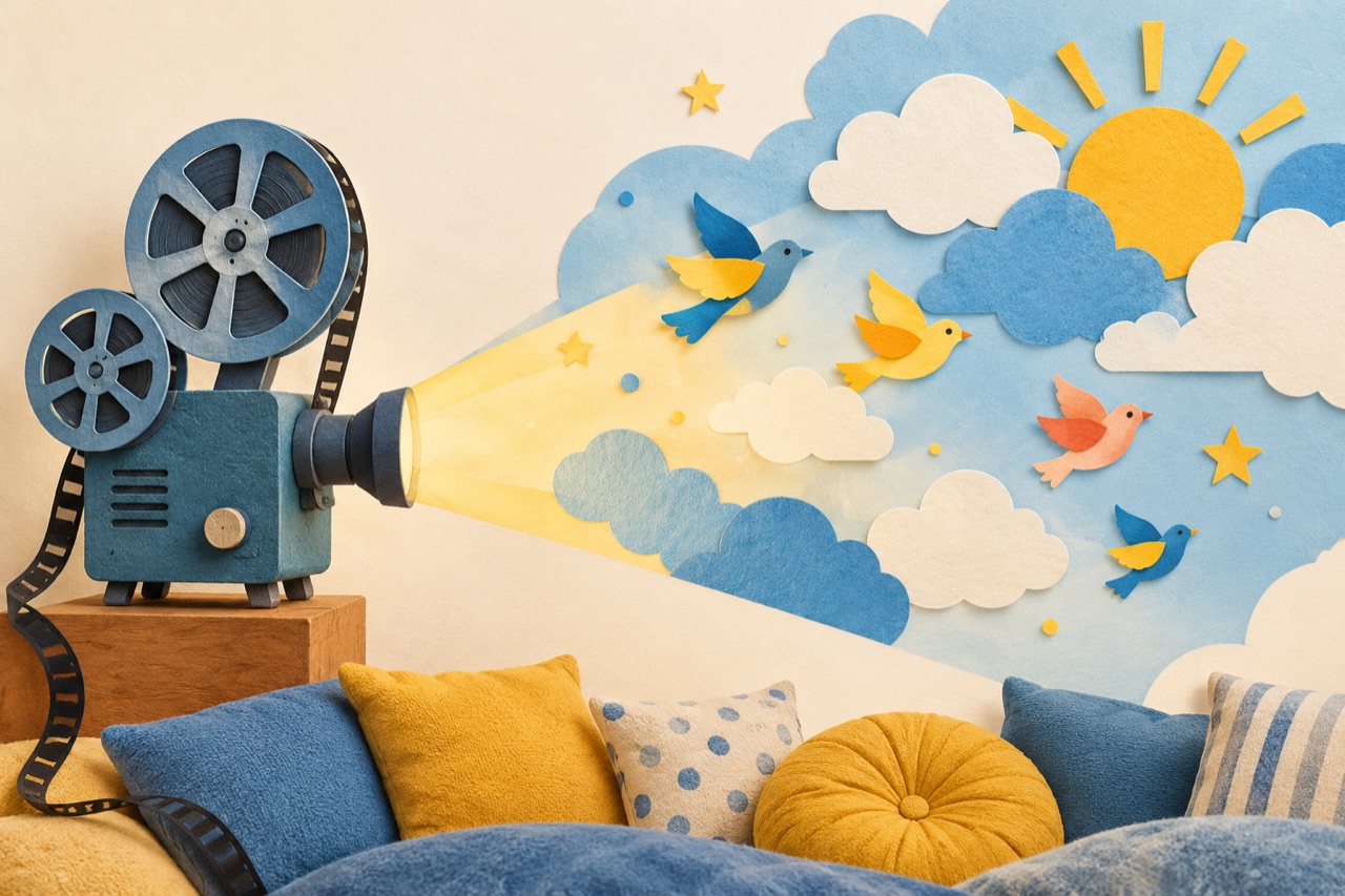 Symbolische Papierillustration eines Filmprojektors mit Wolken, bunten Vögeln und gemütlichen Kissen.