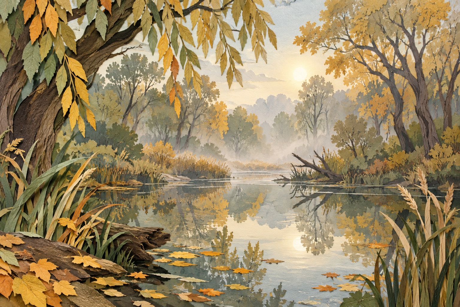 Erfundene Papierillustration eines herbstlichen Auwalds mit goldenem Laub, Schilf und ruhiger Wasserfläche.