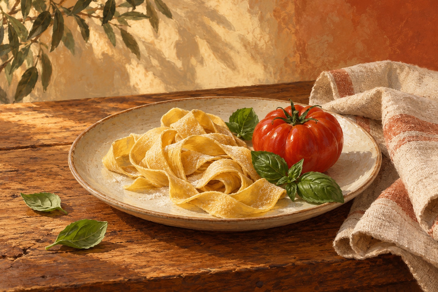 Symbolische Illustration mit Pasta, Tomate, Basilikum und Leinentuch auf einem Tisch; kein tatsächliches Gericht oder Interieur von Vienero.