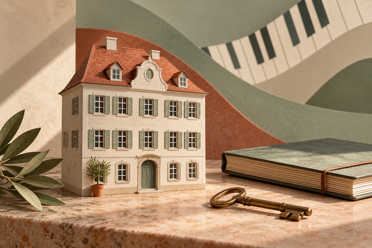 Symbolisches Stillleben mit einem erfundenen historischen Hausmodell, altem Schlüssel und geschlossenem Musiknotizbuch.