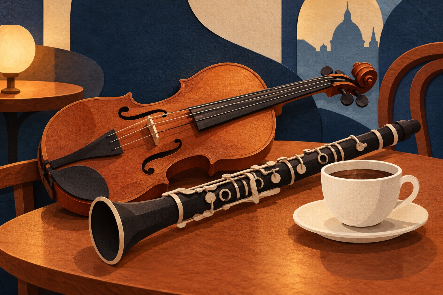 Symbolische Papierillustration einer Geige und Klarinette neben einer Kaffeetasse auf einem Holztisch in einer erfundenen Kaffeehausszene.