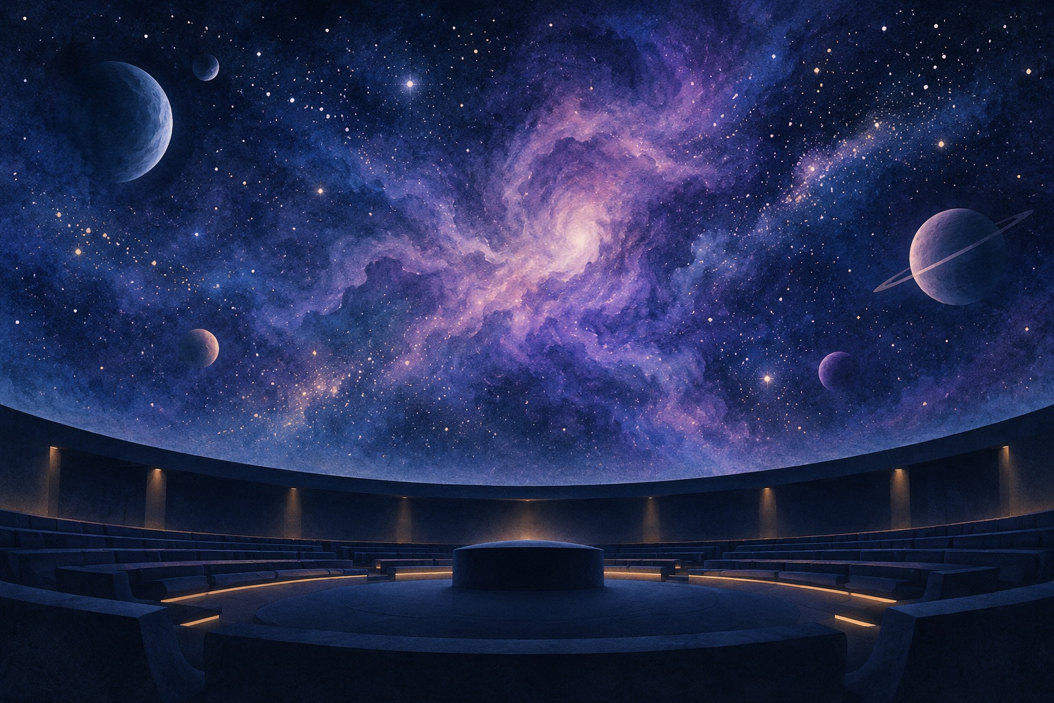 Symbolische Illustration einer erfundenen Planetariumskuppel mit violettem Nebel und Fantasieplaneten; keine tatsächliche Projektion oder astronomische Aufnahme.
