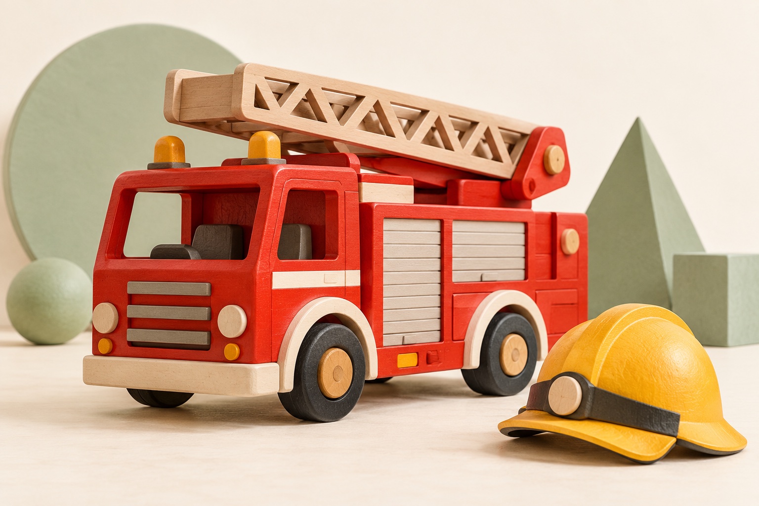 Frei erfundene symbolische Illustration eines roten spielzeugartigen Feuerwehrautos mit Leiter und gelbem Helm auf hellem Untergrund.