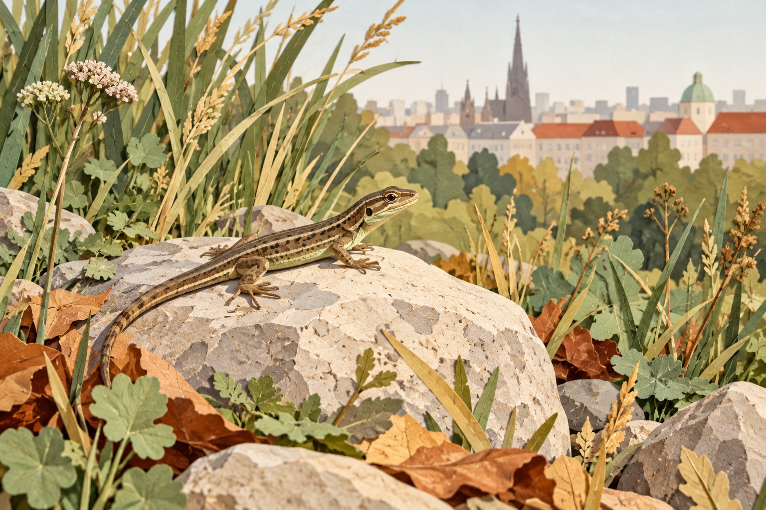 Symbolische Papierillustration einer Eidechse auf einem Stein zwischen Gräsern und Herbstlaub vor einer erfundenen Stadtkulisse.