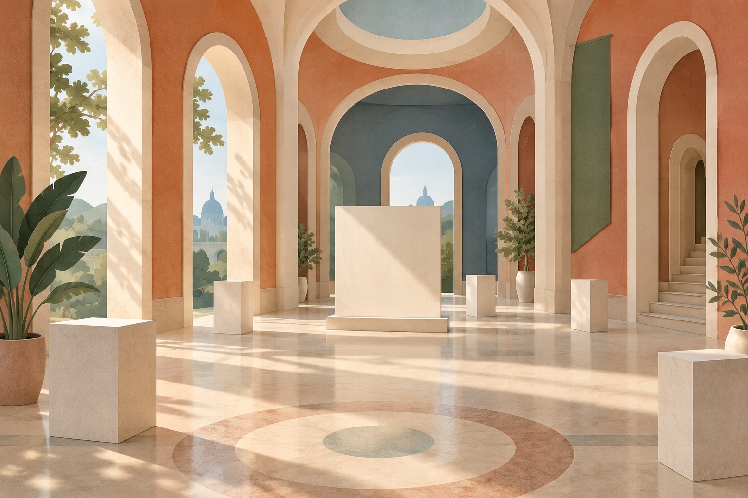 Erfundene Papierillustration einer ruhigen Museumshalle mit Rundbögen, leeren Sockeln und einer unbeschrifteten Ausstellungstafel.