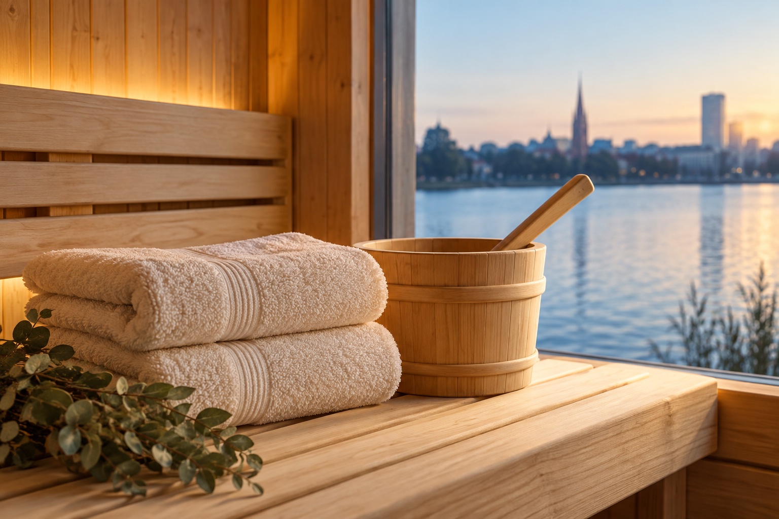 Erfundenes Sauna-Stillleben mit gefalteten Handtüchern, Holzkübel und Schöpfkelle vor einem unscharfen Fenster mit Wasserblick.