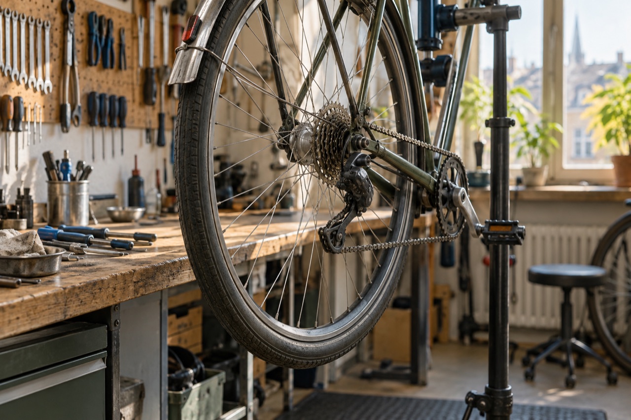 Fahrrad am Reparaturständer in einer Werkstatt