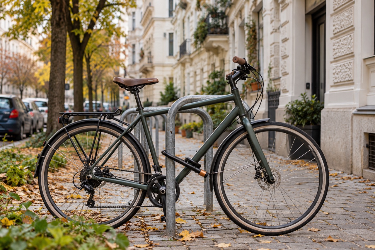 Ein Fahrrad mit stabilem Schloss an einem Radständer