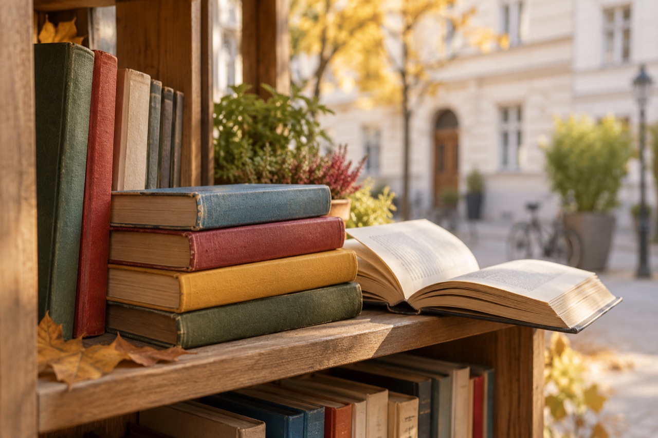 Symbolisches Stillleben mit gebrauchten Büchern und einem aufgeschlagenen Buch auf einem Holzregal.