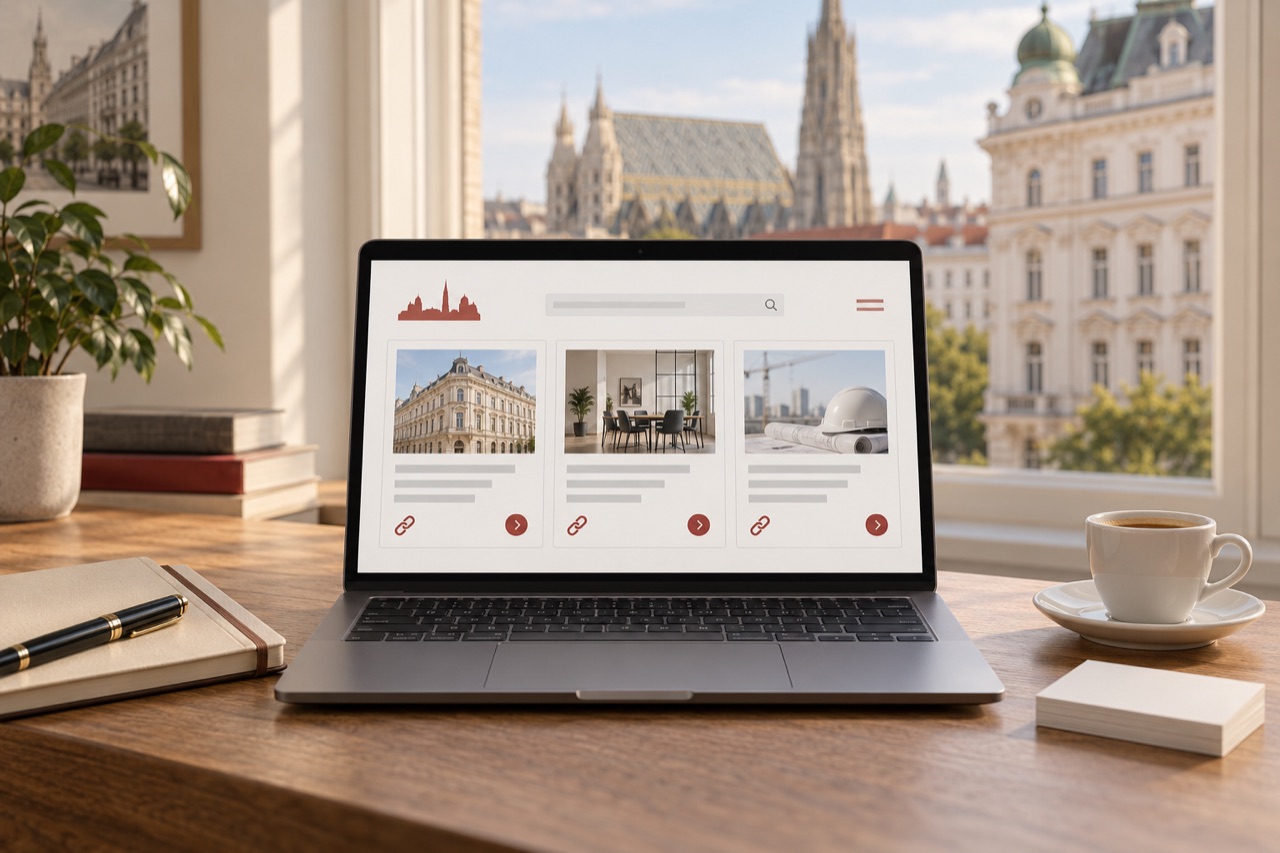 Laptop mit einer beispielhaften Unternehmensübersicht auf einem Schreibtisch vor einem Fenster mit Blick auf Wien.