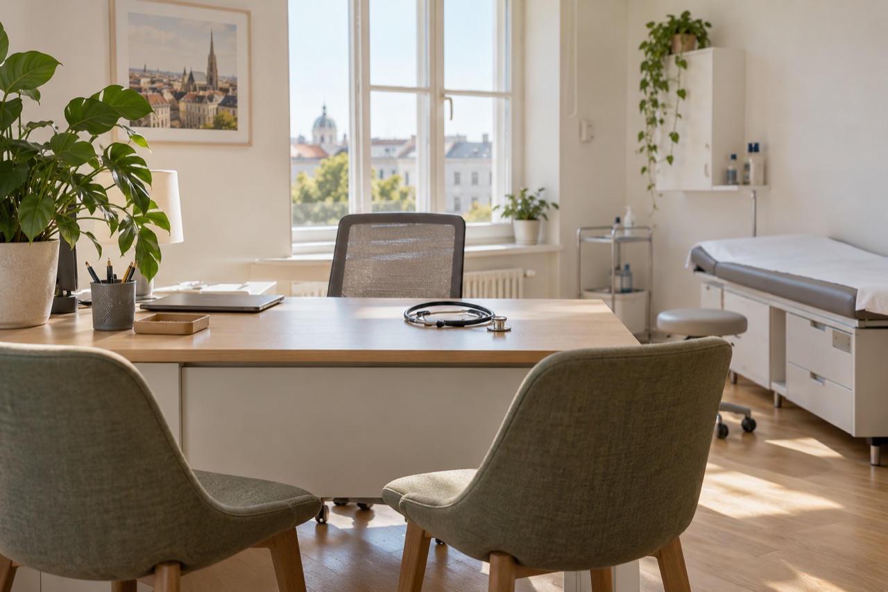 Helles Sprechzimmer mit Schreibtisch und Stethoskop
