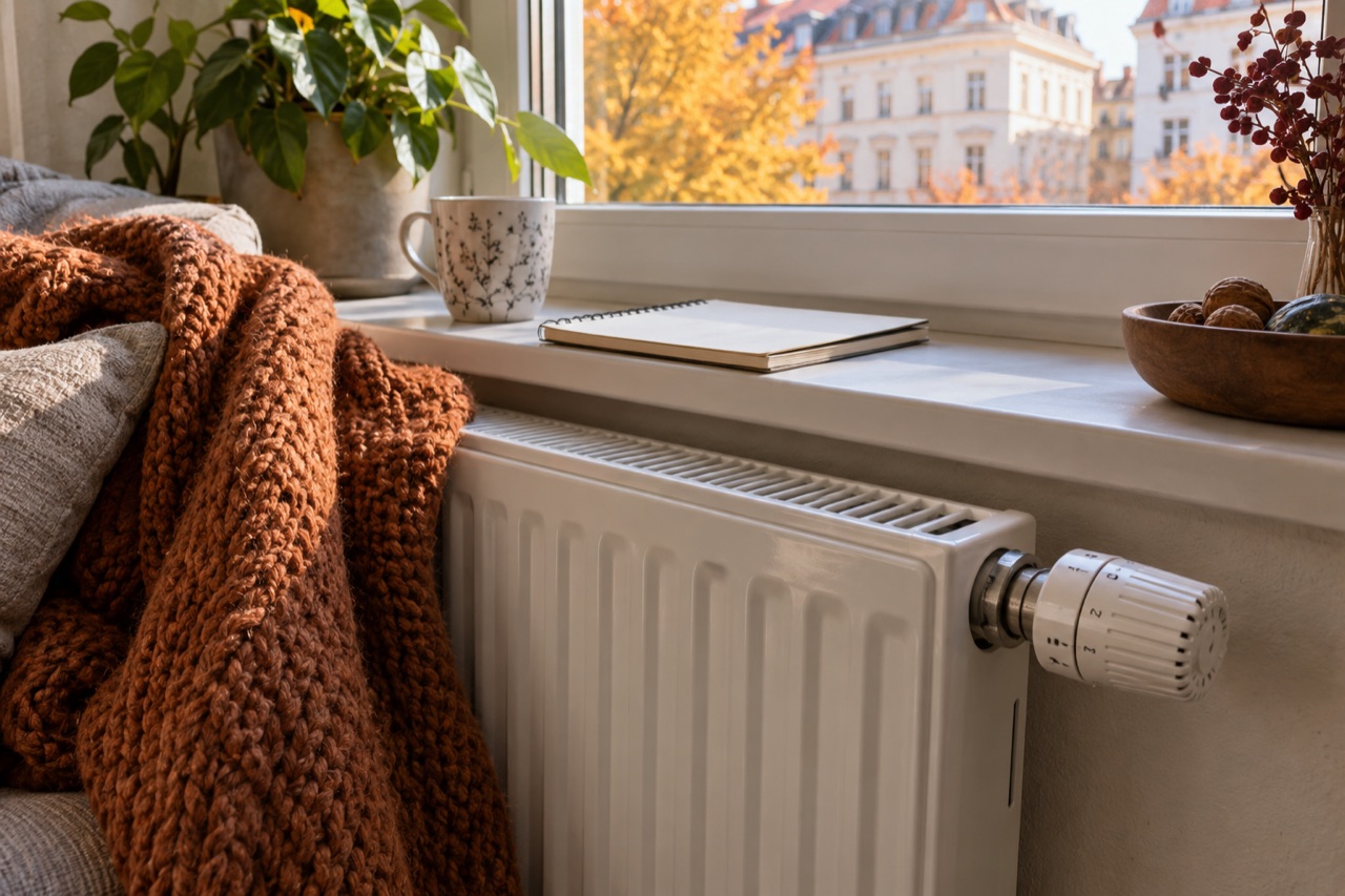 Heizkörper mit Thermostat und Notizbuch unter einem Wohnungsfenster