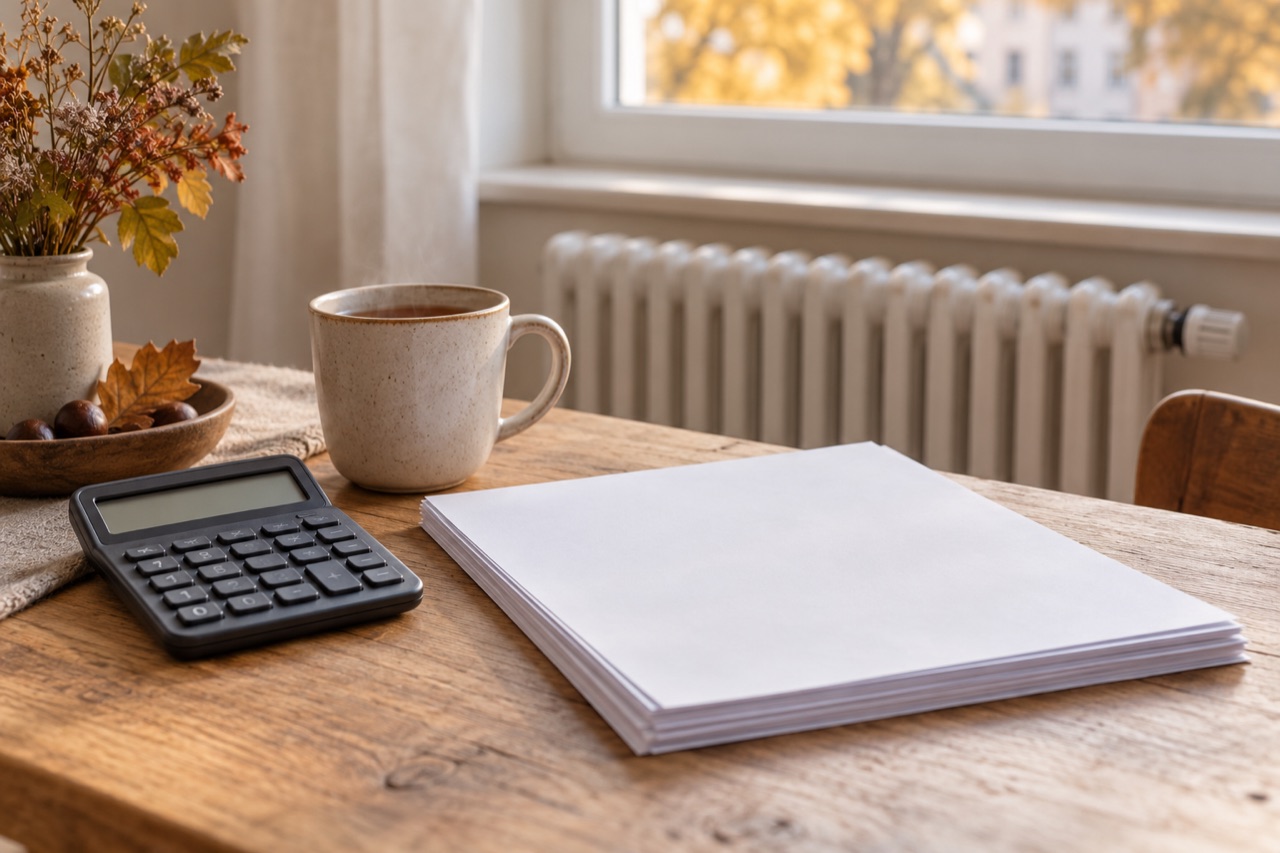 Symbolisches Stillleben mit Taschenrechner, unbeschriebenem Papier und Teetasse vor einem Heizkörper.