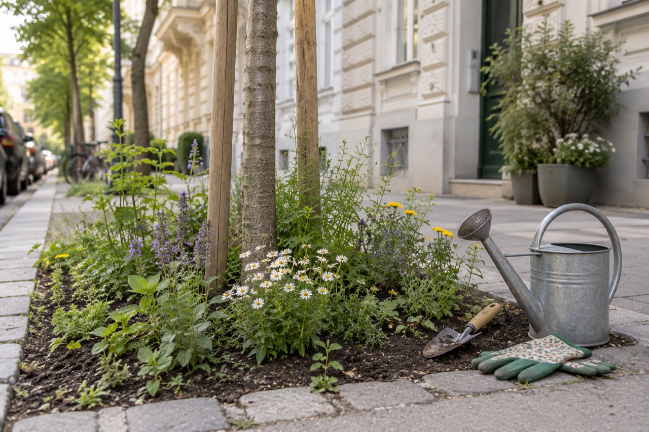 Blumen rund um einen Straßenbaum mit Gießkanne und Gartenhandschuhen