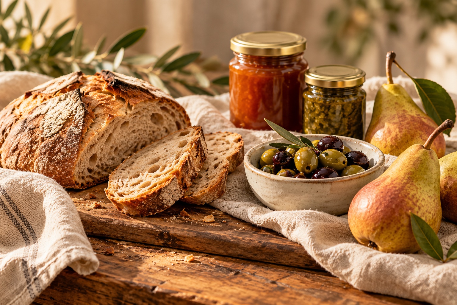 Symbolisches Stillleben mit Brot, Oliven, Birnen und zwei unbeschrifteten Gläsern auf einem Tisch mit Leinentuch.