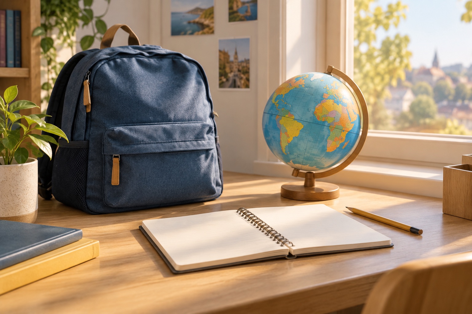 Symbolisches Stillleben mit blauem Rucksack, Globus ohne Beschriftung, offenem Notizbuch und Bleistift auf einem hellen Schreibtisch.