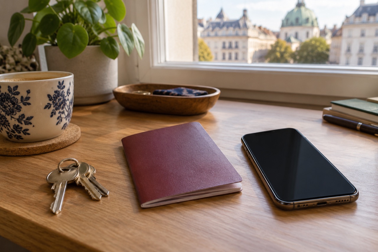 Smartphone, Schlüssel und neutrales Ausweisdokument auf einem Tisch