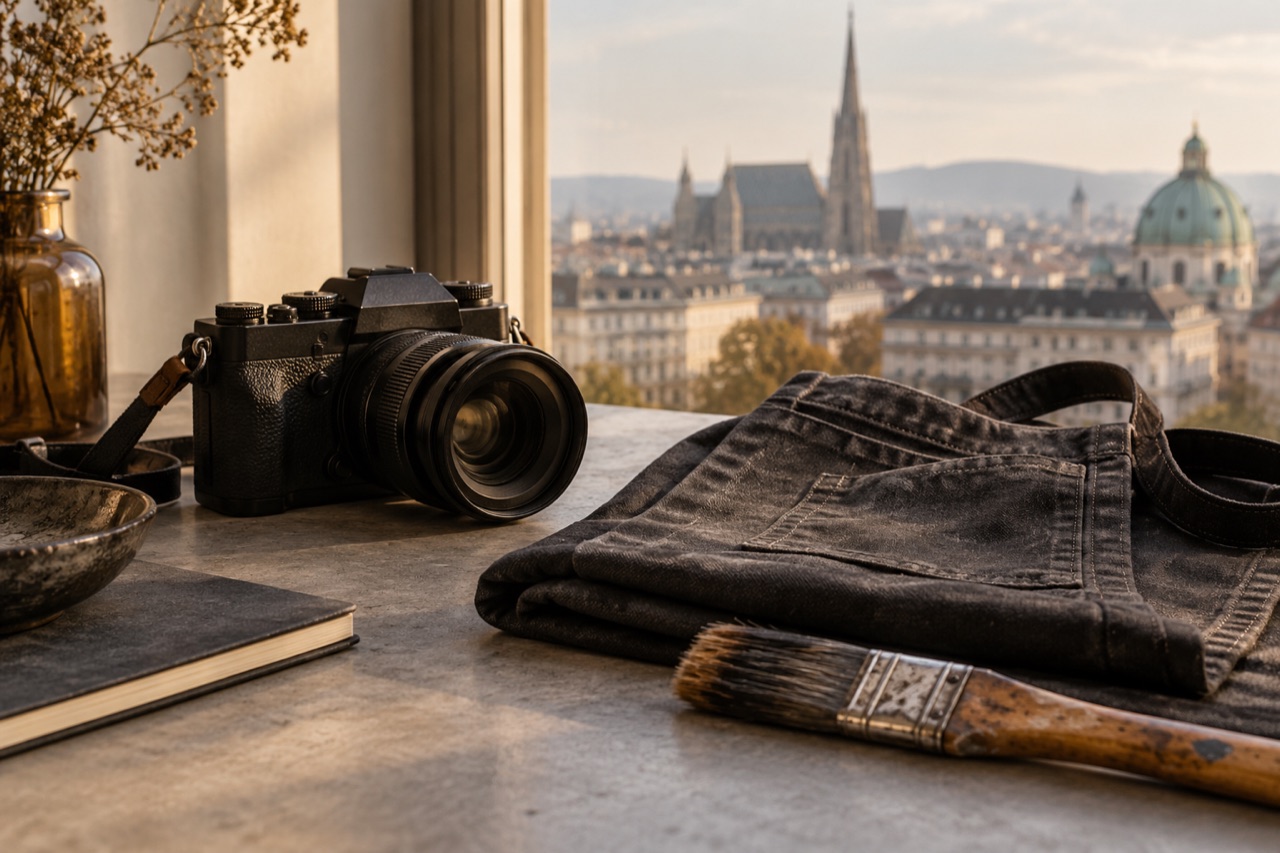 Symbolisches Stillleben mit Kamera, Arbeitskleidung und einem Pinsel als Motive für Beruf und persönliche Interessen.