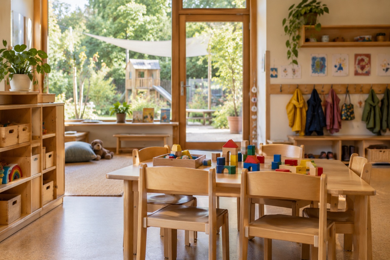Holzbausteine auf einem kleinen Tisch in einem Kindergartenraum