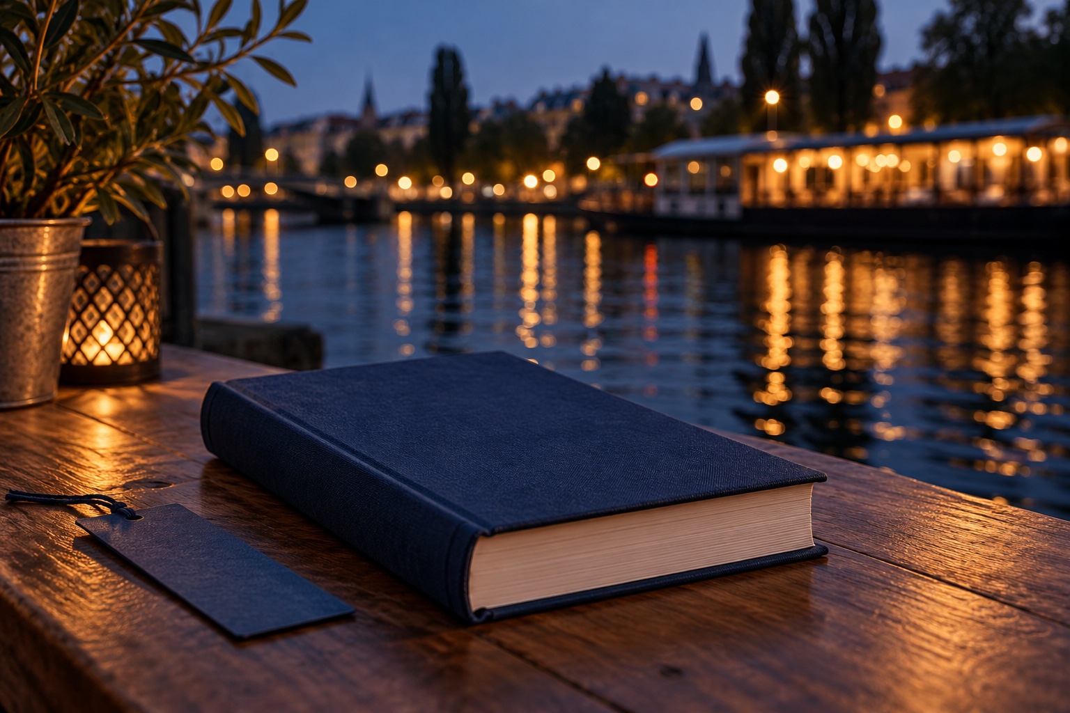 Symbolisches Stillleben mit einem unbeschrifteten dunkelblauen Buch und Lesezeichen auf einem Holztisch vor unscharfen abendlichen Wasserreflexionen.