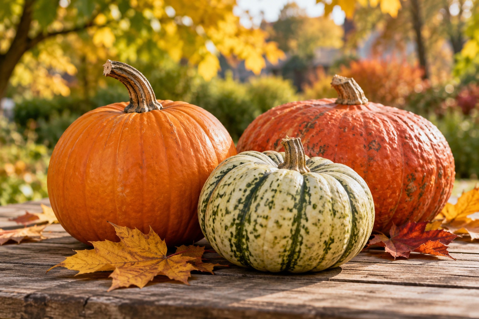 Symbolisches Herbststillleben mit drei orangefarbenen und hellgrünen Kürbissen sowie Ahornblättern auf einem Holztisch.