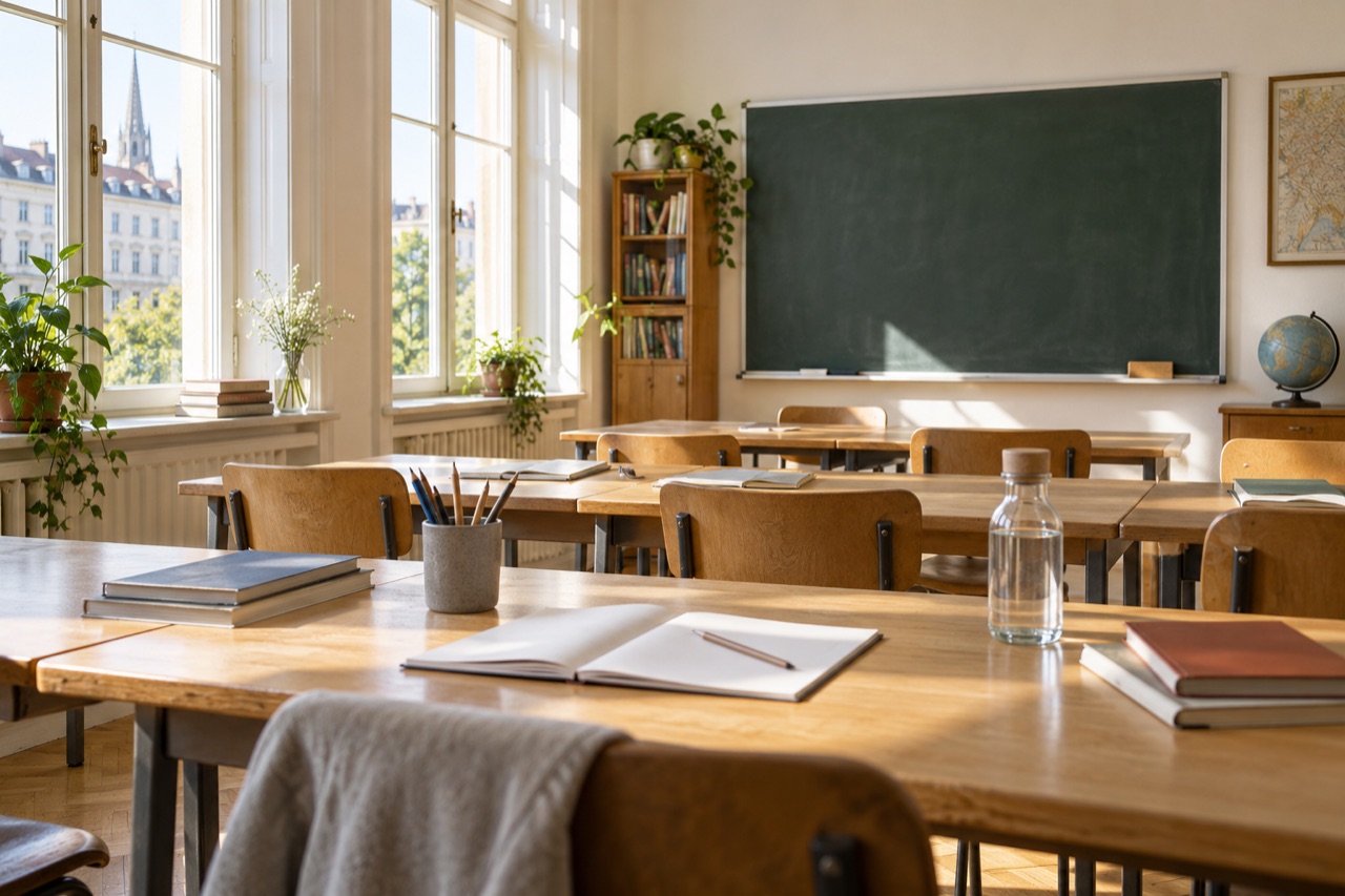 Heller Unterrichtsraum mit Notizbüchern auf Holztischen