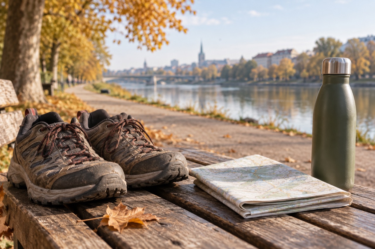 Symbolisches Stillleben mit Wanderschuhen, einer gefalteten Karte und einer Trinkflasche neben einem herbstlichen Uferweg.