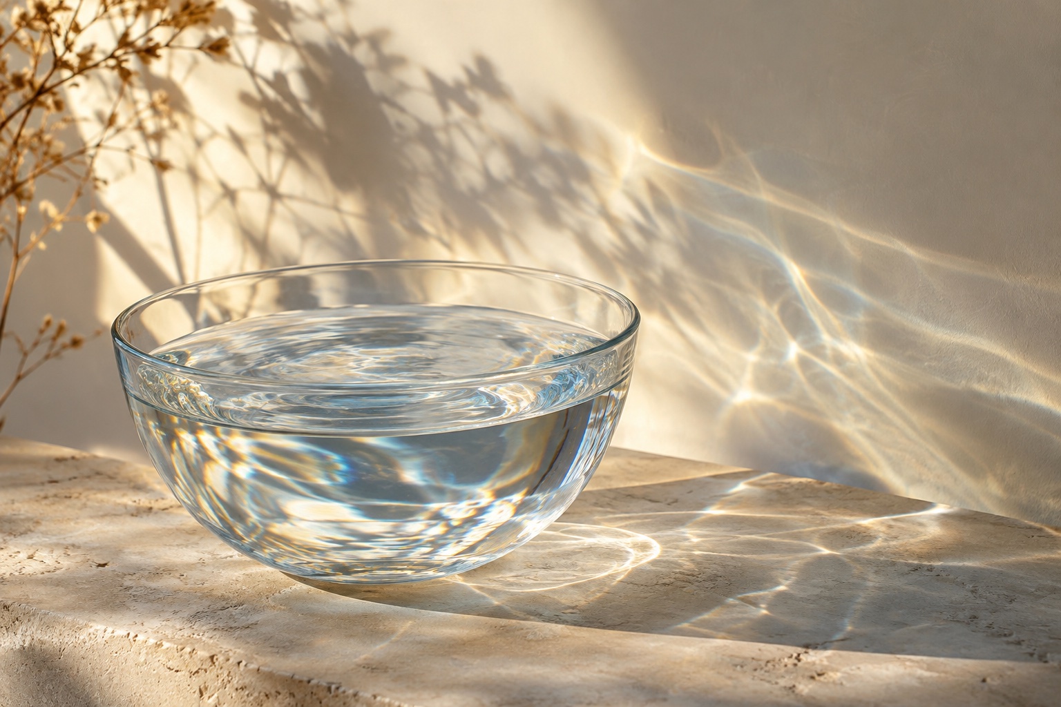 Symbolisches Stillleben mit einer wassergefüllten Glasschale und Lichtreflexen auf einer hellen Steinplatte und Wand.