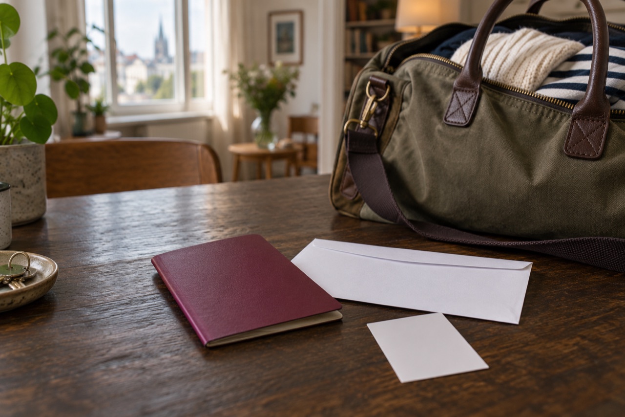 Neutrales burgunderrotes Reisedokument neben einer Reisetasche