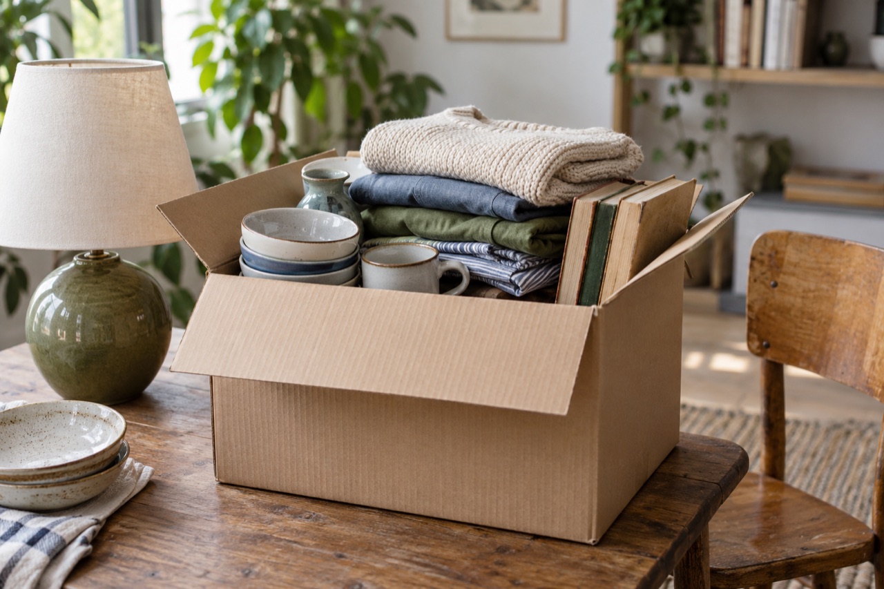 Karton mit sauberem Geschirr, Büchern und gefalteter Kleidung