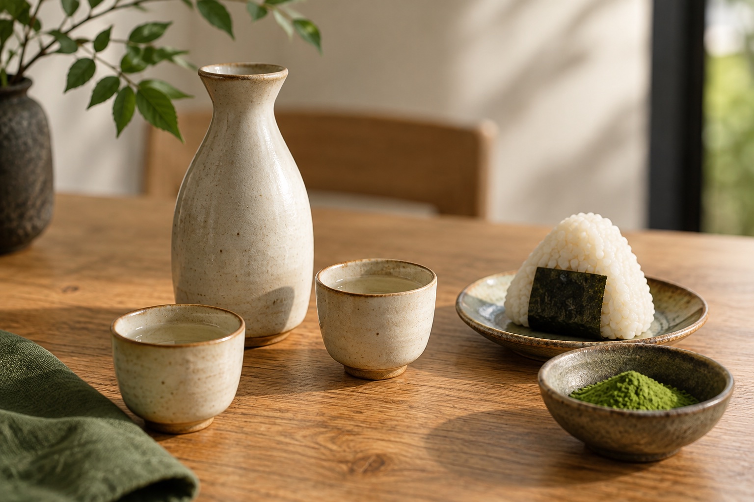 Symbolisches Stillleben mit Keramikkaraffe, zwei Sake-Schalen, Onigiri und Matchapulver auf einem Holztisch.