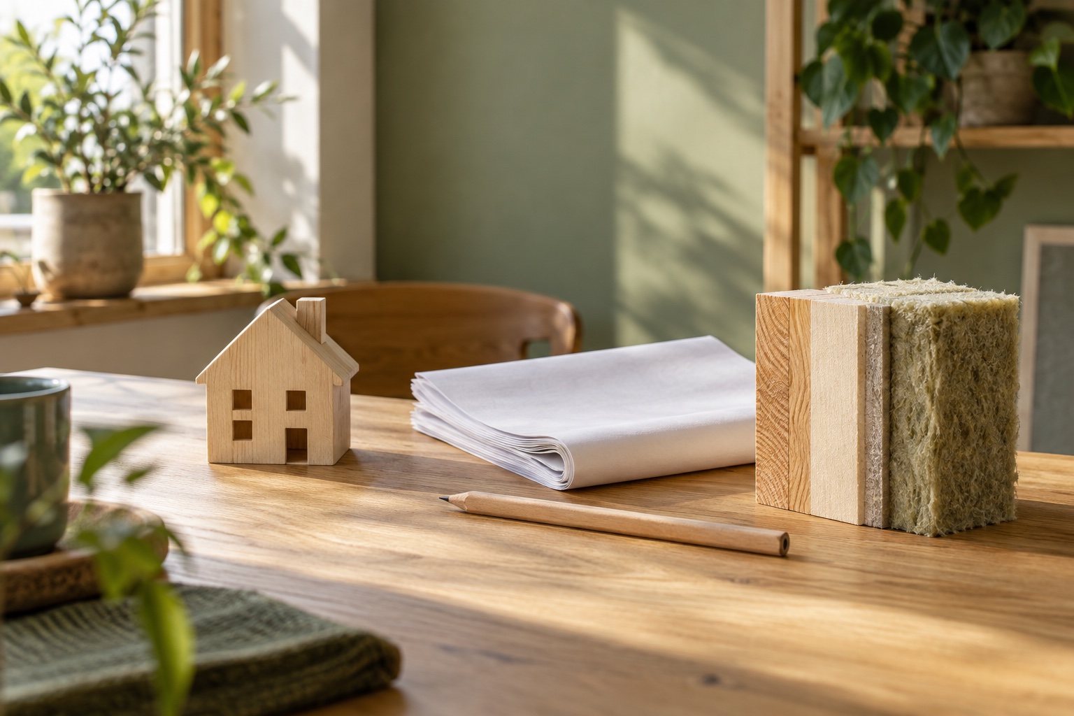 Symbolisches Stillleben mit kleinem Holzhaus, gefalteten Papieren, Bleistift und einem Baumaterialmuster auf einem Holztisch.