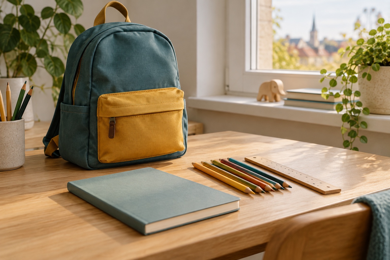 Symbolisches Stillleben mit Schulrucksack, geschlossenem Heft, Buntstiften und Holzlineal auf einem hellen Schreibtisch.