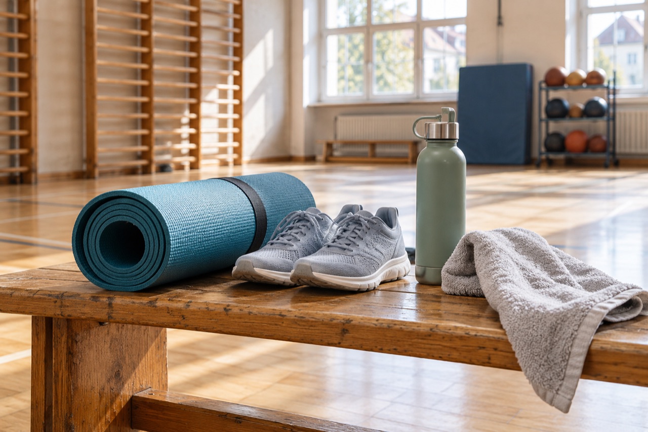 Sportschuhe, Matte und Trinkflasche auf einer Bank in einer Sporthalle