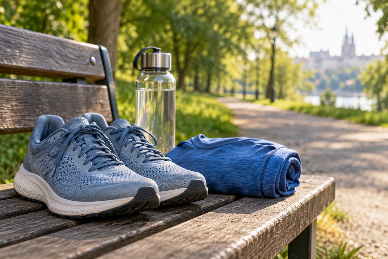 Symbolisches Stillleben mit Laufschuhen, blauem Sportshirt und Wasserflasche auf einer Parkbank vor einem unscharfen Weg.