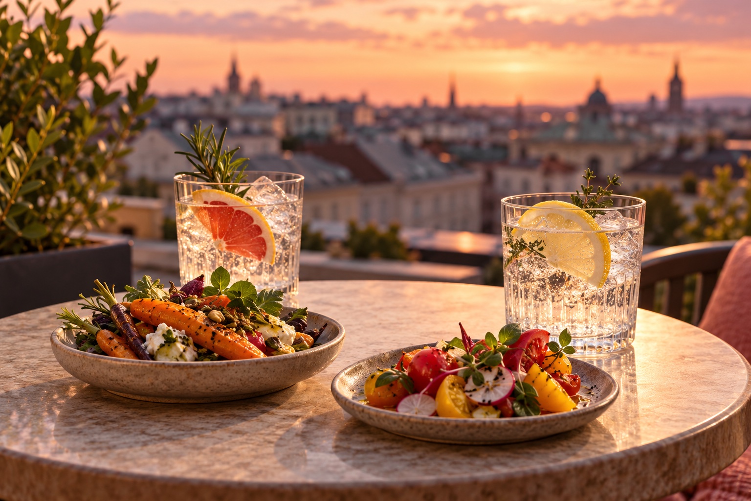 Symbolisches, frei erfundenes Stillleben mit zwei Gläsern Zitruswasser und kleinen Gemüsetellern vor unscharfen Dächern im Abendlicht.