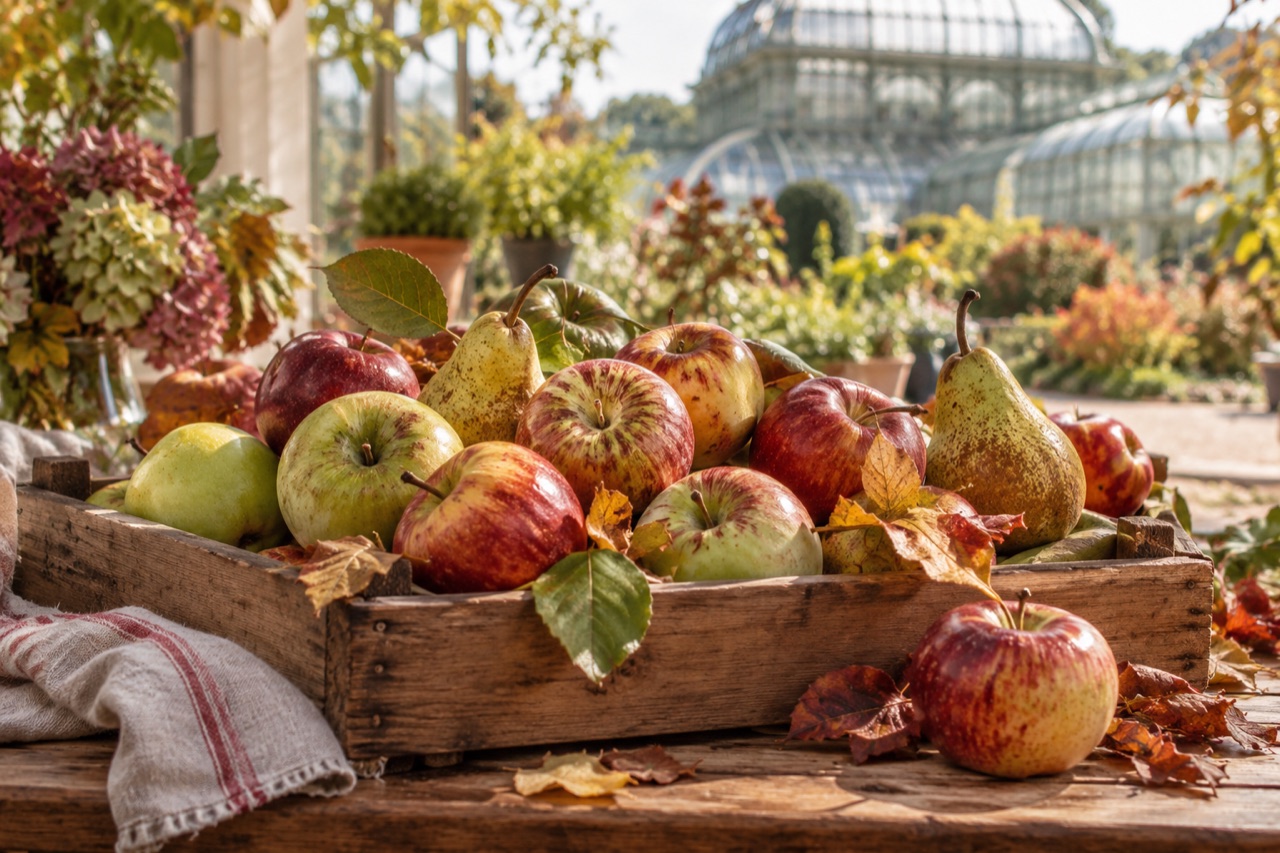Symbolisches Stillleben mit alten Apfelsorten, Birnen und Herbstlaub vor einem Gewächshaus.